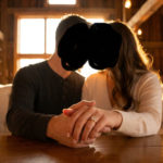 Fiançailles : définition et symbolique de l'engagement 3 Close-up of a couple's hands on a wooden table, one wearing an engagement ring. Warm light illuminates a rustic interior.