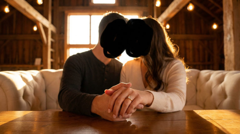 Close-up of a couple's hands on a wooden table, one wearing an engagement ring. Warm light illuminates a rustic interior.