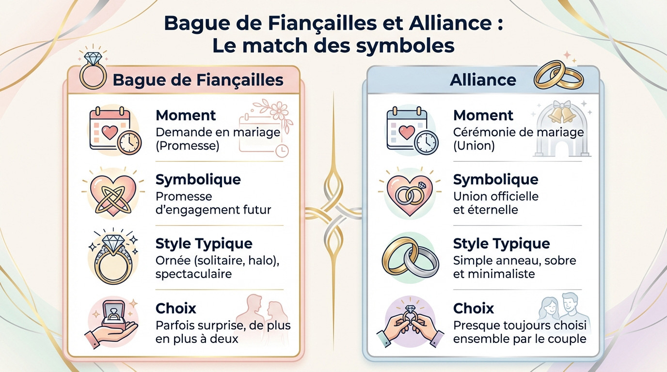 Alliance et bague de fiançailles : secrets du duo parfait 2 Comparaison visuelle entre une bague de fiançailles ornée d'un diamant et une alliance en or simple