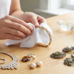Nettoyer ses bijoux fantaisie : le secret de l'éclat 4 Hands polish a bracelet, illustrating costume jewelry cleaning. Tarnished and sparkling pieces, cleaning solutions on a wooden table.