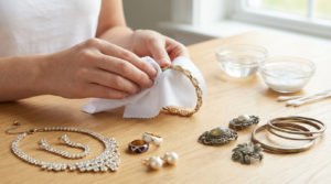 Hands polish a bracelet, illustrating costume jewelry cleaning. Tarnished and sparkling pieces, cleaning solutions on a wooden table.