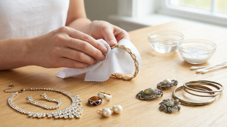 Hands polish a bracelet, illustrating costume jewelry cleaning. Tarnished and sparkling pieces, cleaning solutions on a wooden table.