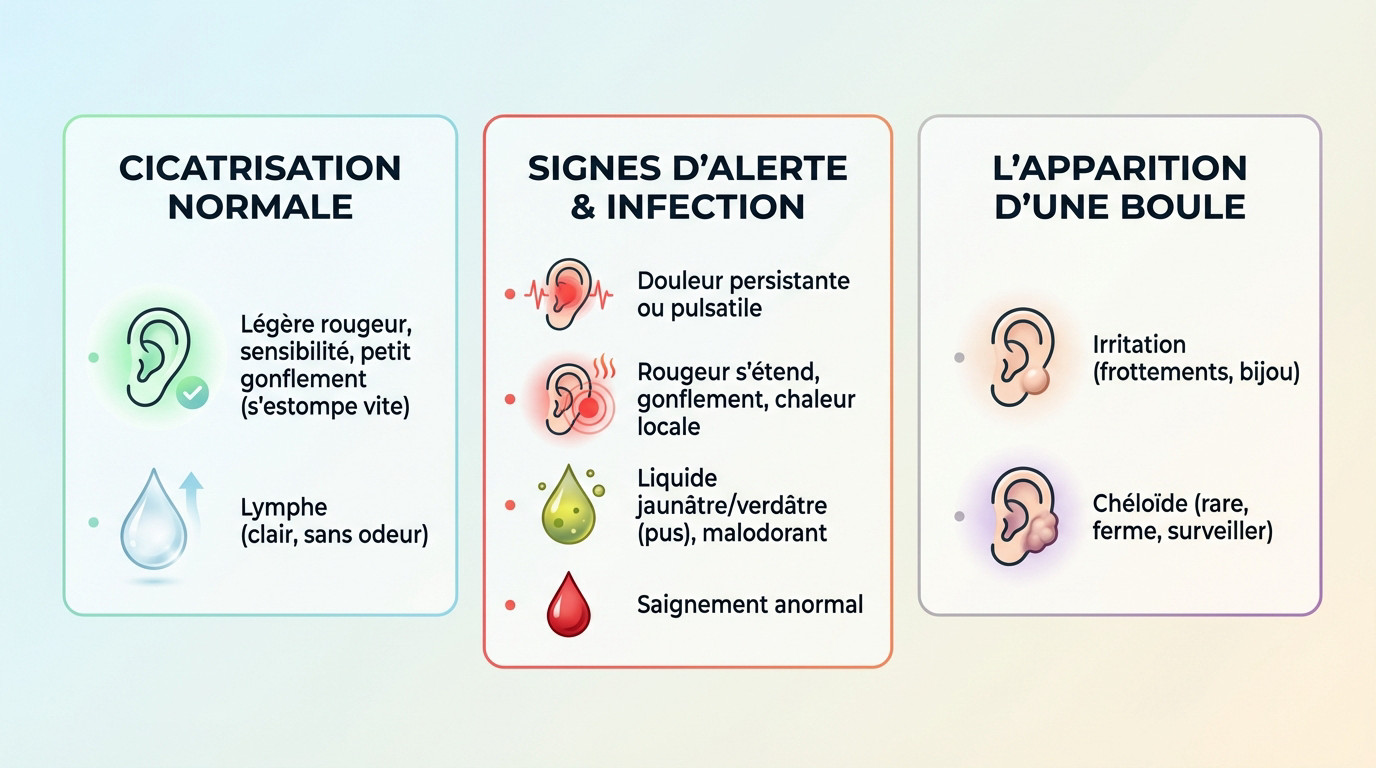 Infection boucle oreille : comment sauver son piercing ? 2 Schéma comparatif montrant une cicatrisation saine versus les signes d'infection et d'irritation d'un piercing