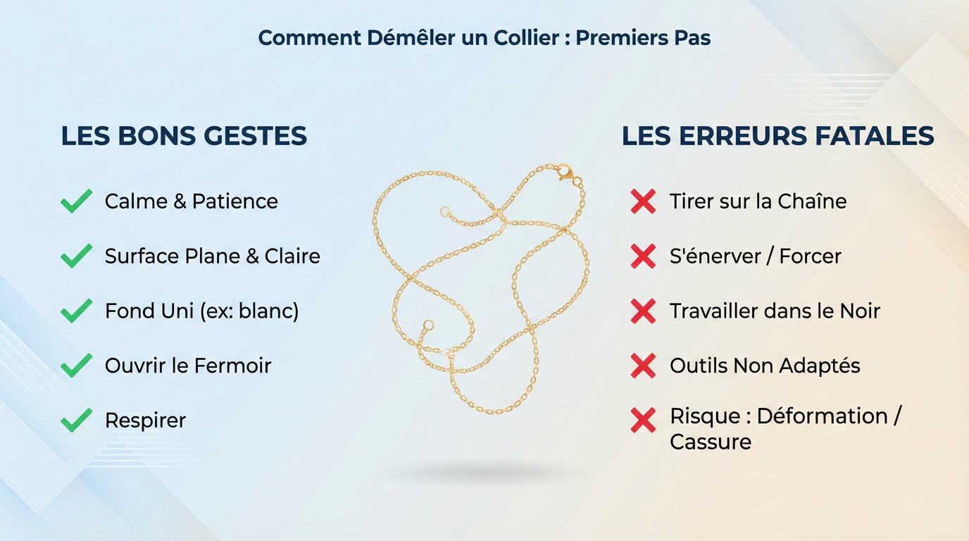 Démêler une chaîne : l'astuce miracle à l'huile d'olive 2 Préparation des outils et de la surface de travail pour démêler un collier fin en or