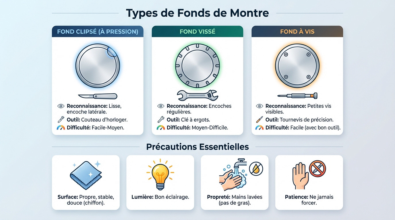 Ouvrir une montre sans l'abîmer : le mode d'emploi 2 Illustration des différents types de fonds de montre : clipsé, vissé et à vis