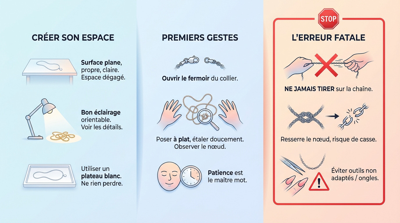 Démêler un collier : techniques pour sauver vos bijoux 2 Préparation du matériel nécessaire pour démêler un collier sans l'abîmer