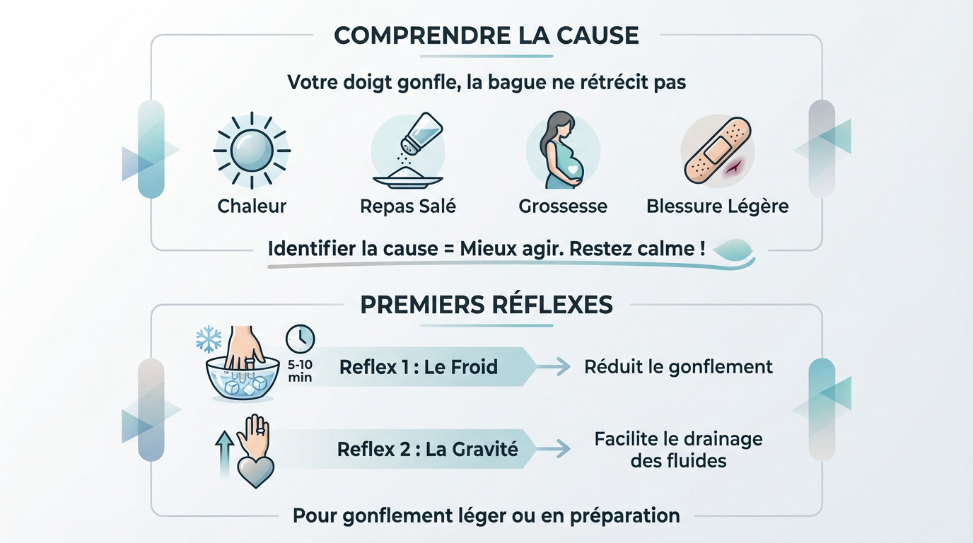 Enlever une bague avec un fil : l'astuce douce et efficace 2 Main de femme avec un doigt gonflé et une bague serrée, illustrant la nécessité de dégonfler le doigt avant le retrait
