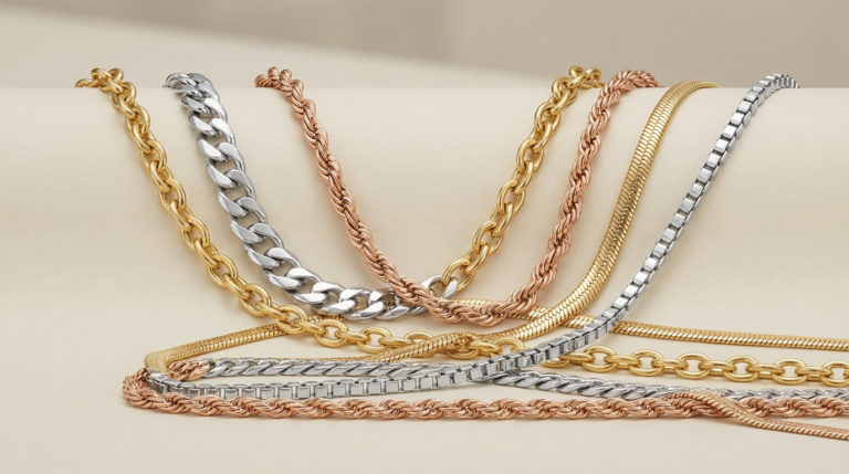 Close-up of elegant gold, silver, and rose gold jewelry chains (Forçat, Gourmette, Corde, Serpent, Vénitienne) draped on a cream surface.