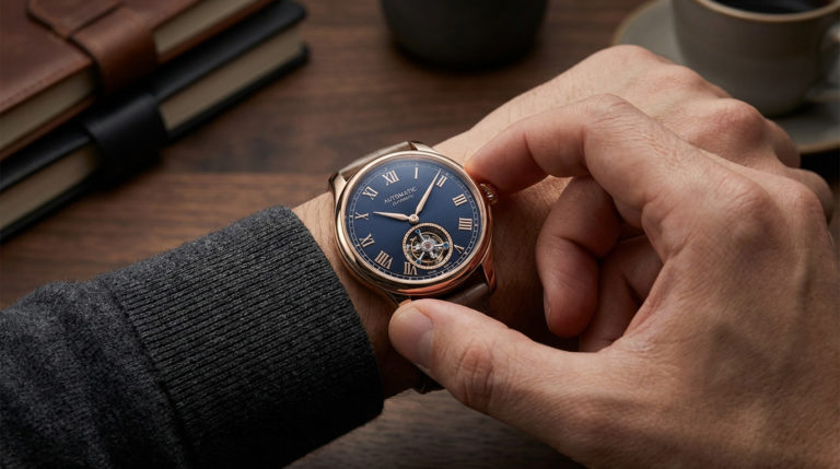 Close-up of a well-groomed hand winding a rose gold automatic watch with a dark blue dial, Roman numerals, and visible movement. Blurred wood background.
