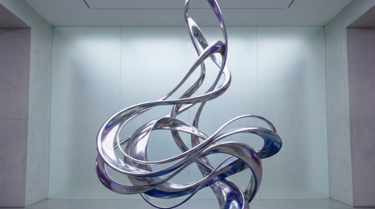 Elegant silver abstract sculpture with flowing, polished ribbons reflecting soft light and subtle blue/purple hues, set in a minimalist space.