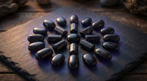 A balanced arrangement of polished black Tourmaline, Obsidian, and Onyx stones on dark slate with a subtle indigo glow, conveying protection and grounding. Soft light highlights their textures on a blurred wooden background.