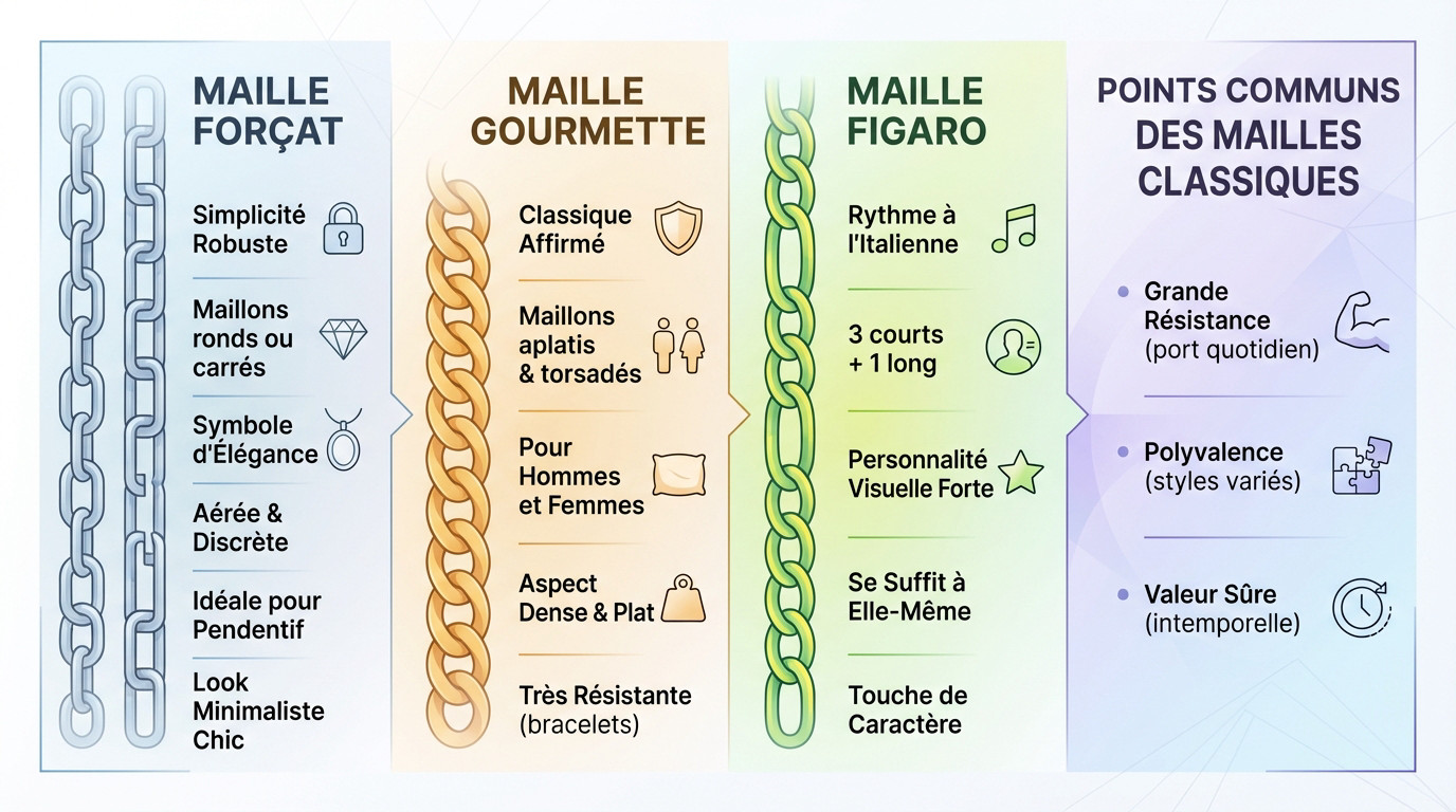 Types mailles chaîne bijoux : trouvez votre style idéal 2 Comparaison visuelle des mailles forçat, gourmette et figaro pour bien choisir sa chaîne