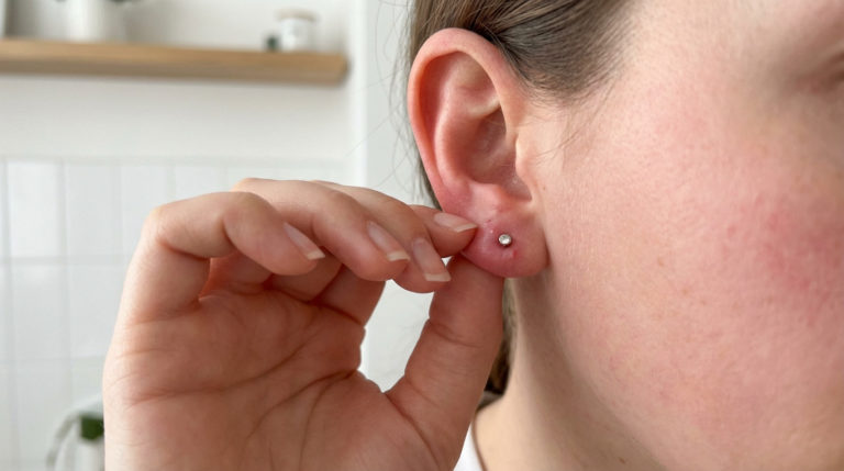Oreille percée avec signes d'infection débutante. Une main aux doigts soignés touche la zone, fond flou et lumineux.