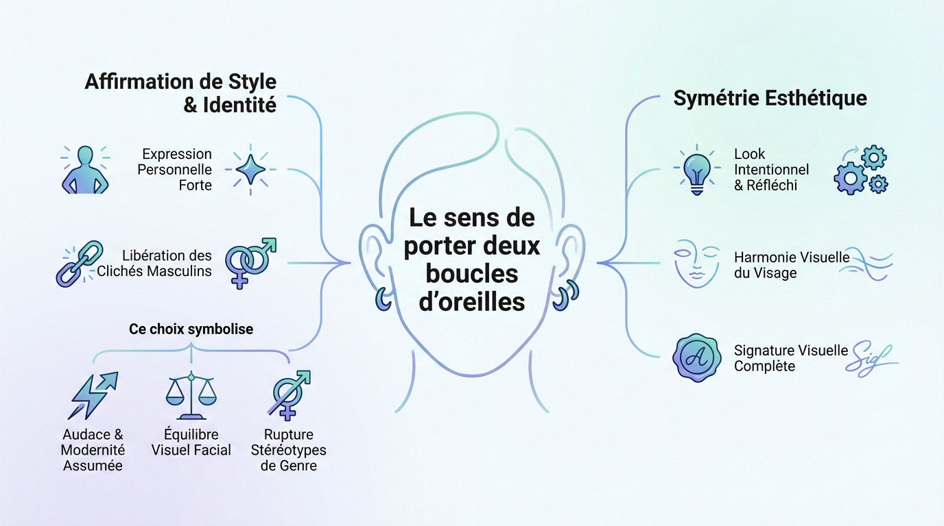 Homme deux boucles d'oreilles : l'audace du style 2 Infographie expliquant la signification moderne et le style d'un homme portant deux boucles d'oreilles