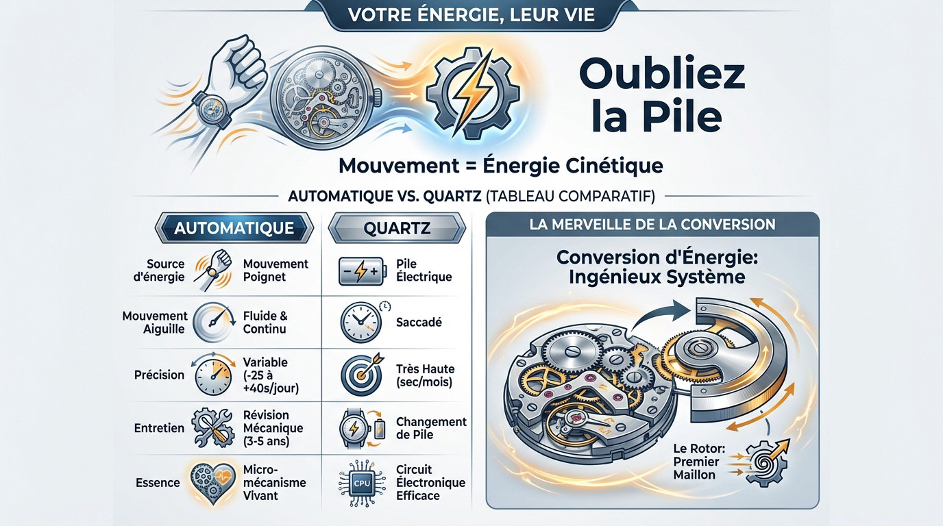 Montre automatique : fonctionnement de ce bijou mécanique 2 Schéma comparatif illustrant les différences mécaniques entre une montre automatique et un mouvement à quartz