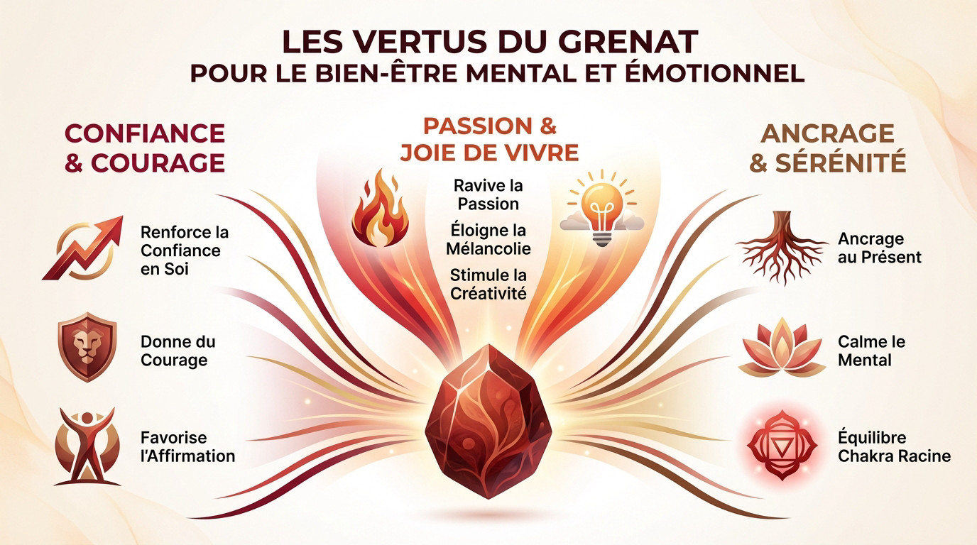 Grenat vertus : ravivez votre énergie et votre passion 2 Infographie illustrant les vertus énergétiques et symboliques de la pierre grenat