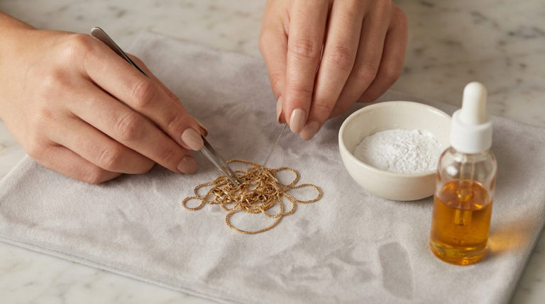 Well-manicured hands delicately detangling a tangled gold chain with tools on a soft gray surface, next to talcum powder and oil.