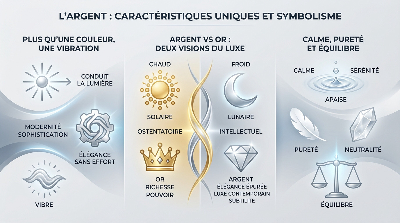 Couleur argent : signification, symbolique et élégance 2 Texture métallique argentée brillante illustrant la différence avec le gris mat