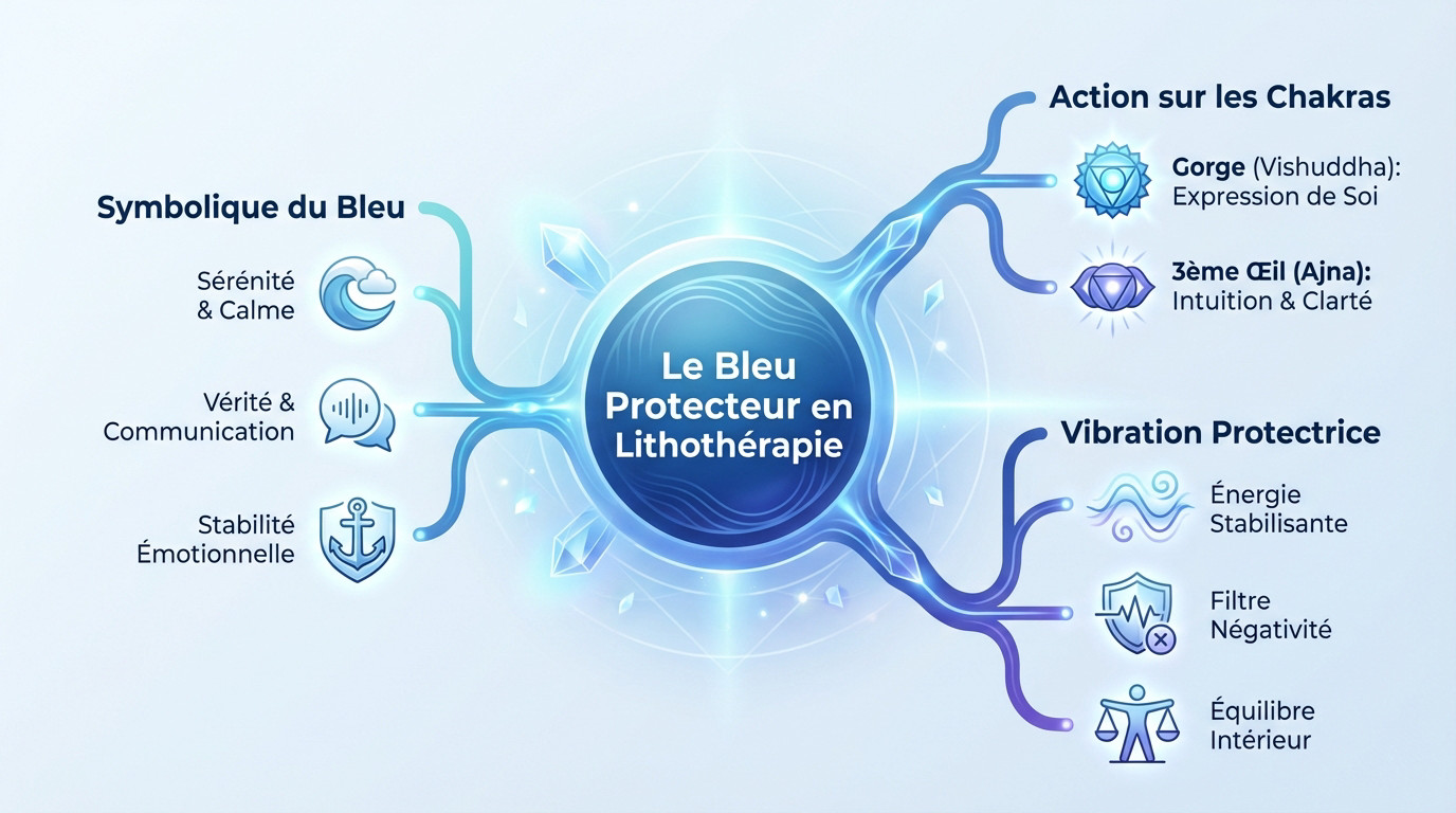 Pierre bleue protectrice : l'alliée de votre sérénité 2 Collection de pierres bleues protectrices brutes et roulées utilisées en lithothérapie