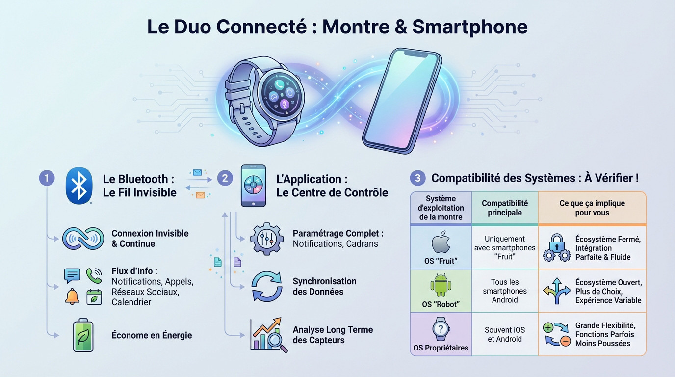 Fonctionnement montre connectée : secrets d'une alliée 2 Montre connectée synchronisée avec un smartphone affichant des données d'activité