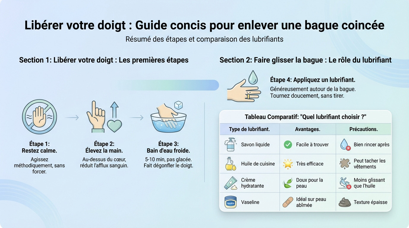 Retirer bague doigt gonflé : comment l'enlever sans douleur 2 Technique douce pour retirer une bague coincée sur un doigt gonflé et éviter la douleur