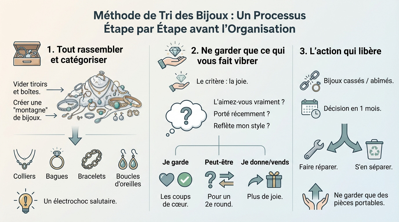 Ranger ses bijoux : mes secrets pour les protéger 2 Méthode de tri des bijoux étape par étape : tout rassembler avant l'organisation