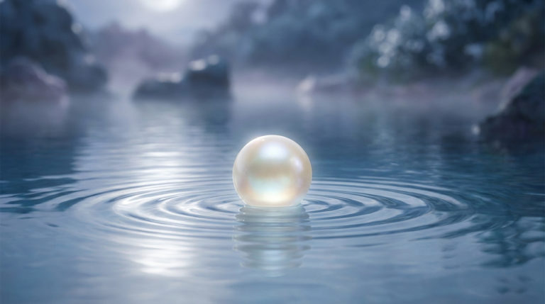 A luminous, iridescent pearl glows softly, half-submerged in calm, rippling water reflecting moonlight. A blurred, mystical blue background.