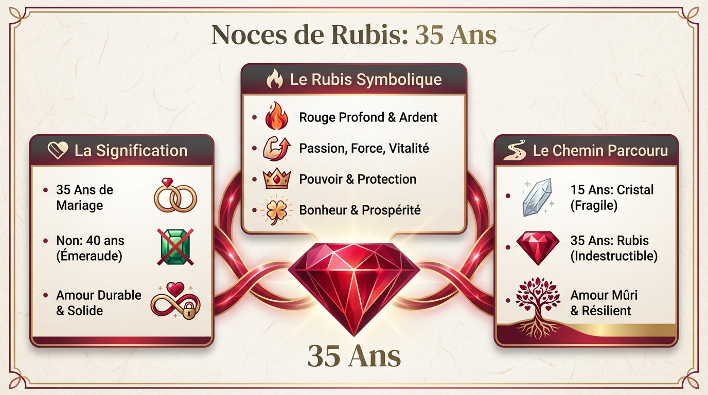 Noces de rubis : symbolique et bijoux, 35 ans de mariage 2 Bague élégante sertie d'un rubis rouge profond symbolisant les 35 ans de mariage