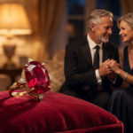 Noces de rubis : symbolique et bijoux, 35 ans de mariage 7 Sparkling ruby ring on red velvet, foreground. Blurred mature couple, elegantly dressed, holding hands in warm, romantic background.