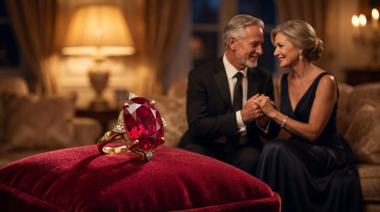 Sparkling ruby ring on red velvet, foreground. Blurred mature couple, elegantly dressed, holding hands in warm, romantic background.