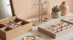 Diverse gold and silver jewelry, including gemstone rings, necklaces, and earrings, neatly displayed in modern wooden and metallic organizers on a vanity with soft lighting.