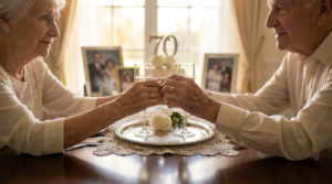 Elderly couple holding hands across a table, celebrating their 70th platinum wedding anniversary. Rings, champagne, and '70' centerpiece visible.