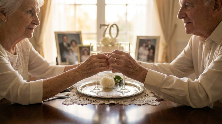 Elderly couple holding hands across a table, celebrating their 70th platinum wedding anniversary. Rings, champagne, and '70' centerpiece visible.