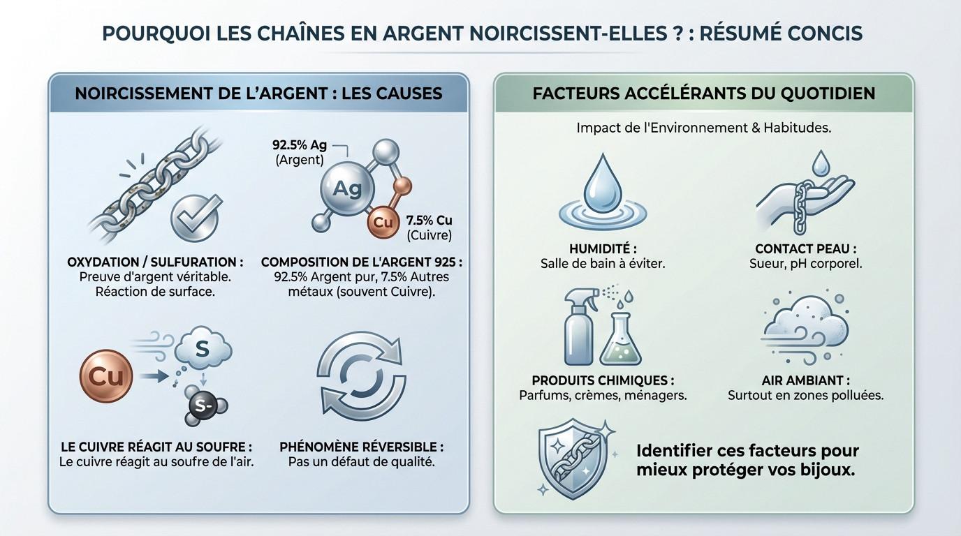 Nettoyer une chaîne en argent : secrets pour briller 2 Schéma explicatif montrant pourquoi une chaîne en argent noircit à cause de l'oxydation et du soufre