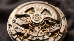Close-up of an automatic watch's intricate mechanical movement, showing a polished rotor, brass gears, rhodium-plated bridges, and red ruby jewels on a dark background.