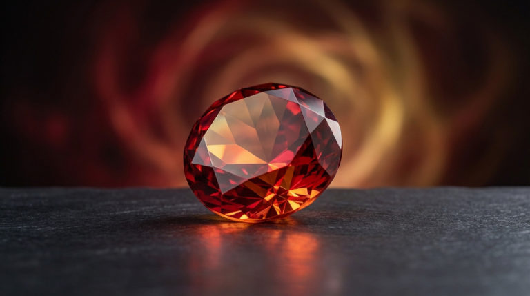 Photorealistic crimson garnet gemstone with orange/gold glows, centered on dark stone, blurred red/orange/gold aura background.