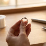 Rétrécir une bague : astuces et solutions pro 3 Elegant hand holds a silver ring with a gemstone. Out-of-focus background shows temporary ring sizers, thread, and jeweler tools.