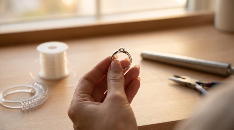 Elegant hand holds a silver ring with a gemstone. Out-of-focus background shows temporary ring sizers, thread, and jeweler tools.