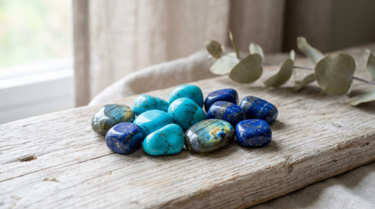 Serene arrangement of polished blue protective stones: turquoise, lapis lazuli, and iridescent labradorite on weathered wood.