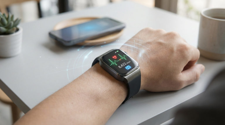 Modern smartwatch on wrist displays heart rate, steps, and notifications, connected to a blurred smartphone by blue digital lines.