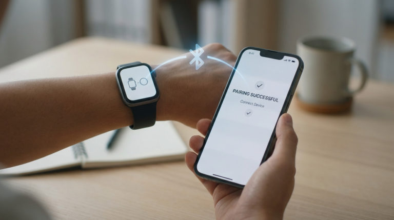 Close-up of a person's hand holding a smartphone showing 'PAIRING SUCCESSFUL' while a smartwatch on their wrist displays a pairing icon. A blue Bluetooth symbol connects them.
