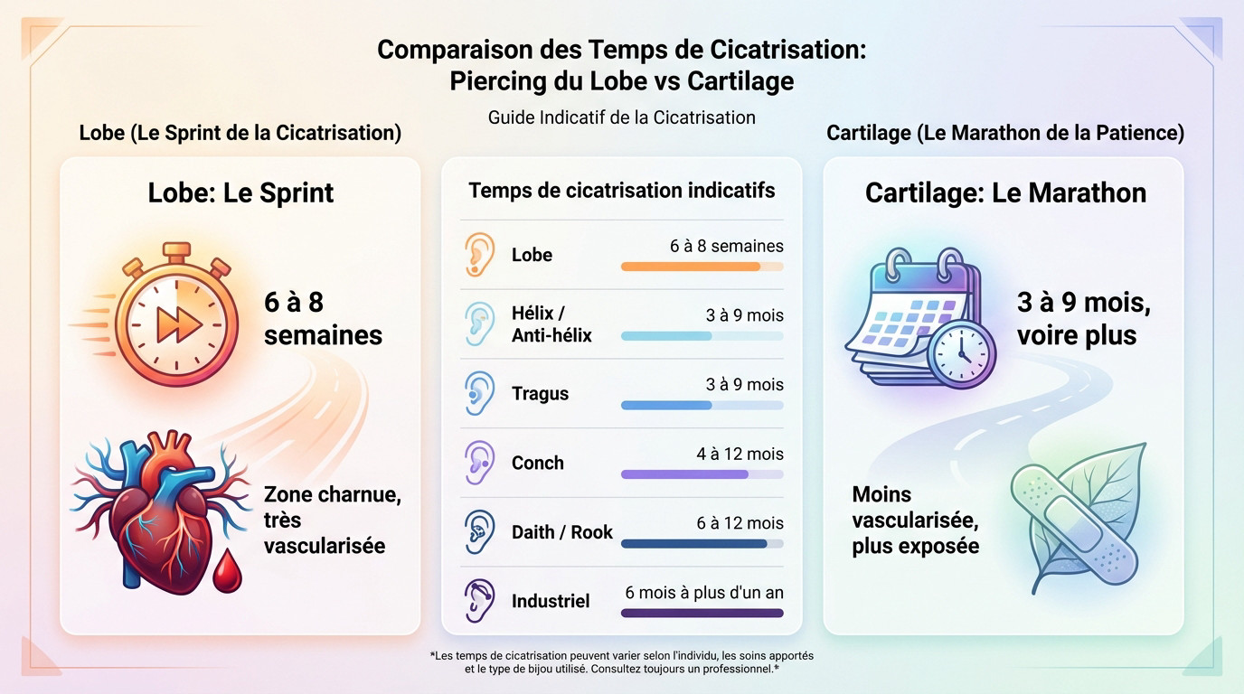 Cicatrisation piercing oreille : temps et soins essentiels 2 Schéma illustrant la différence de cicatrisation piercing oreille entre le lobe et le cartilage