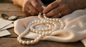 Radiant creamy white pearls on soft silk, gently admired by a couple's hands, symbolizing 30 years of enduring love.