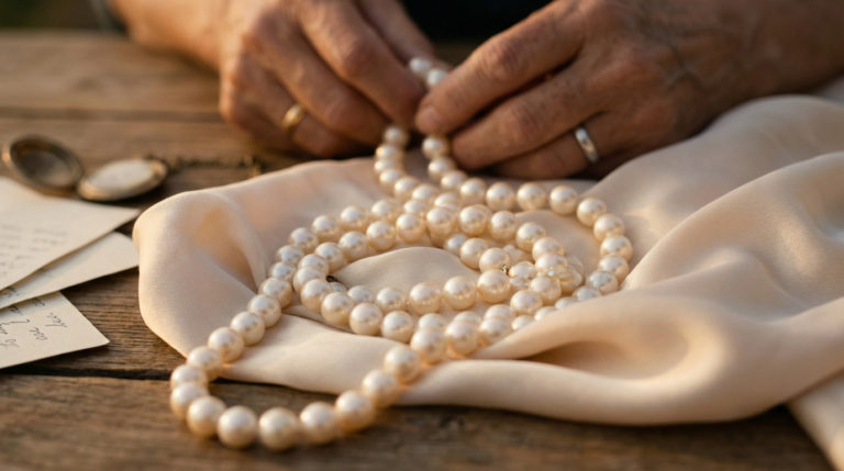 Radiant creamy white pearls on soft silk, gently admired by a couple's hands, symbolizing 30 years of enduring love.